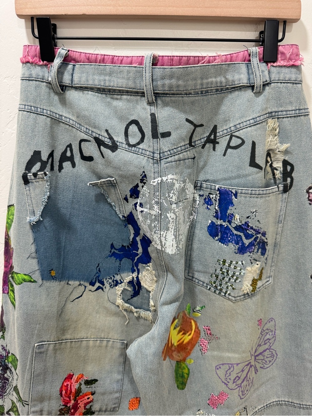 Hippie Indie Folk Art to Wear Festival Graffiti Floral Drop Crotch Jeans Medium - Picture 7 of 14
